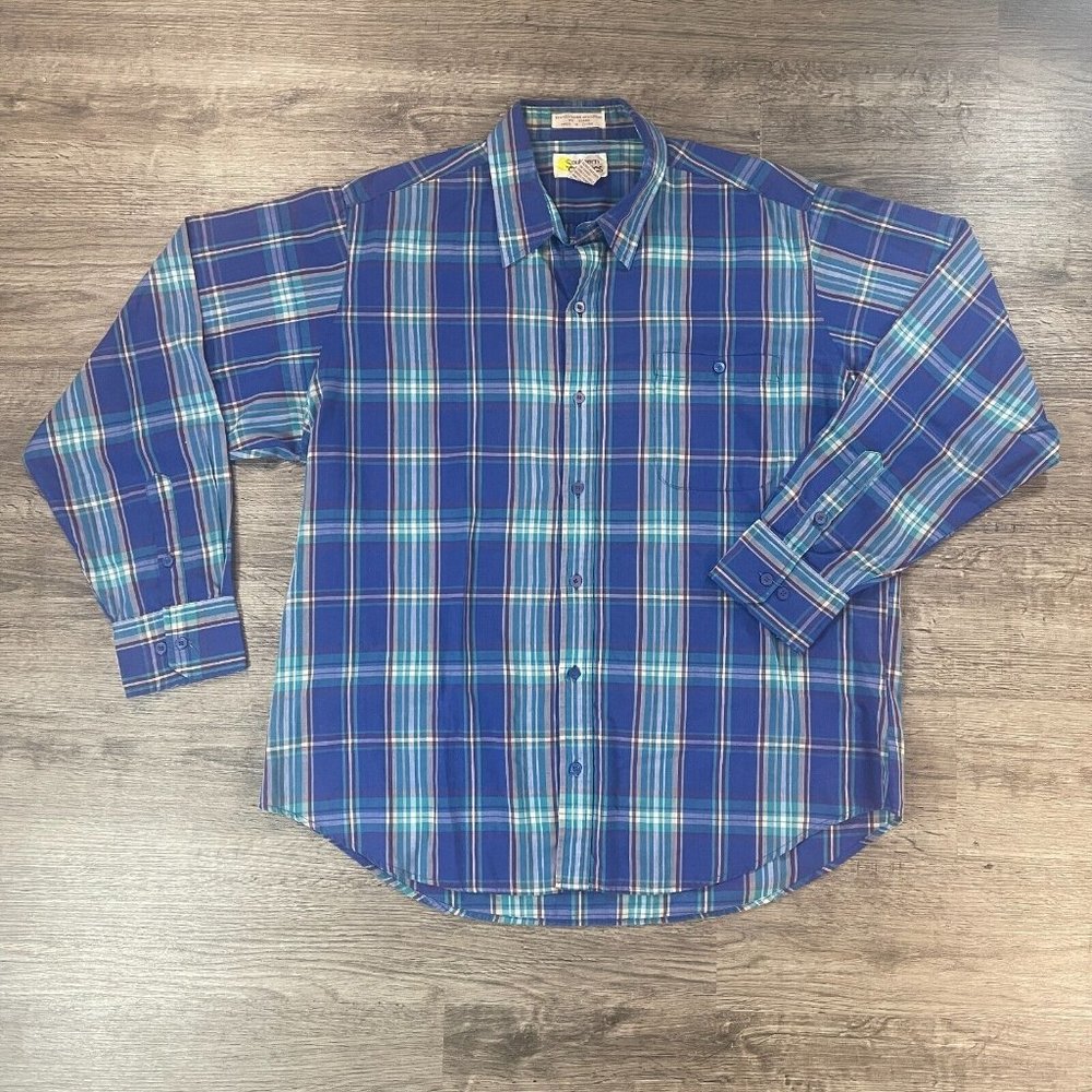 VTG 90s Preppy Southern Classics Blue Teal Purple Plaid L/S Casual Shirt Sz XL